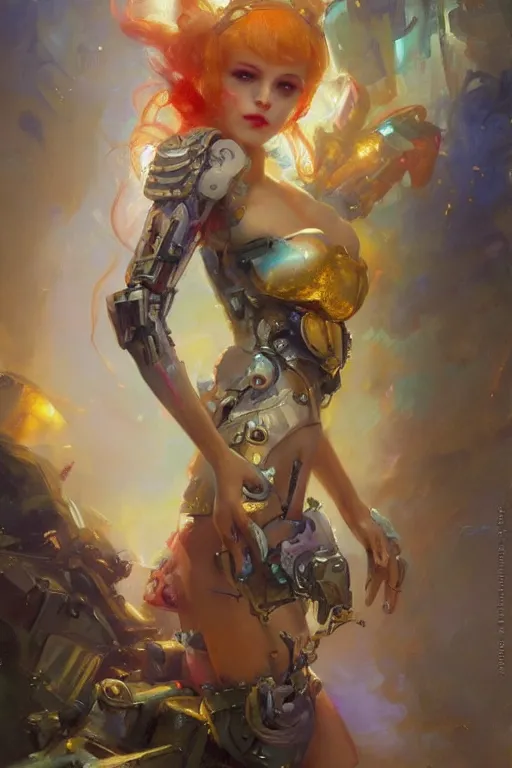 Prompt: pop surrealism, lowbrow cyberpunk girl, body golden armor, by vladimir volegov and alexander averin and delphin enjolras and daniel f. gerhartz