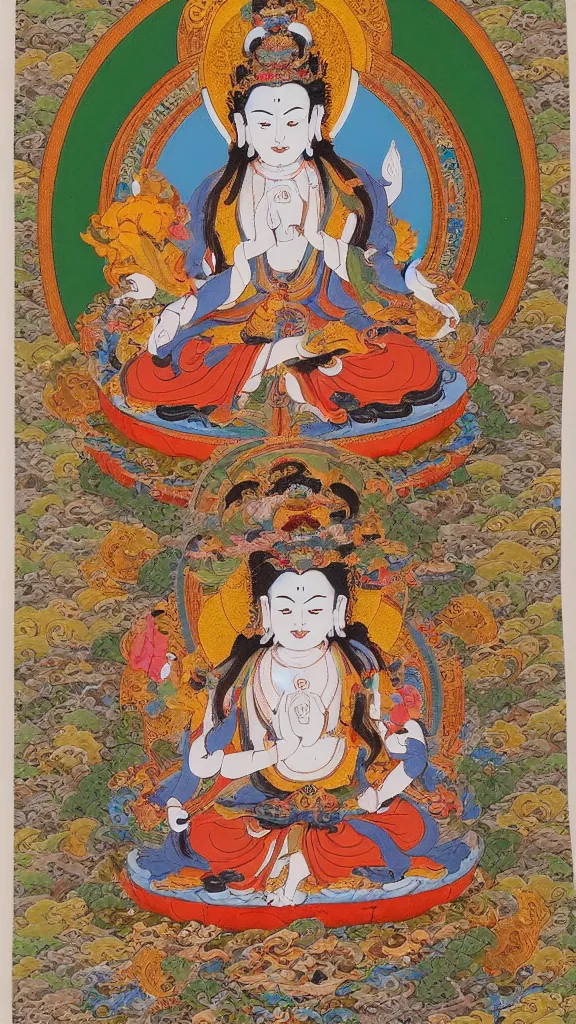 Image similar to a stunning intricate high-quality ornate ultradetailed Manjusri bodhisattva subdue demons, thangka arts, Tibetan, ca 12th century, Manjusri bodhisattva is shown seated on a lotus throne, with his right hand resting on his knee and his left hand holding a sword, Manjusri bodhisattva wears a crown and ample robes, and he has a serene expression on his face. The background is decorated with an intricate pattern of flowers and clouds, 64 megapixels, HDR, filmic, Octane, 8K resolution, ultrafine detail, ultrawide-angle lens, micro details, ray tracing,