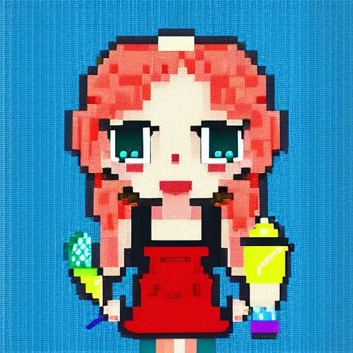 Image similar to colorful anime girl with big eyes eating ice cream pixel art