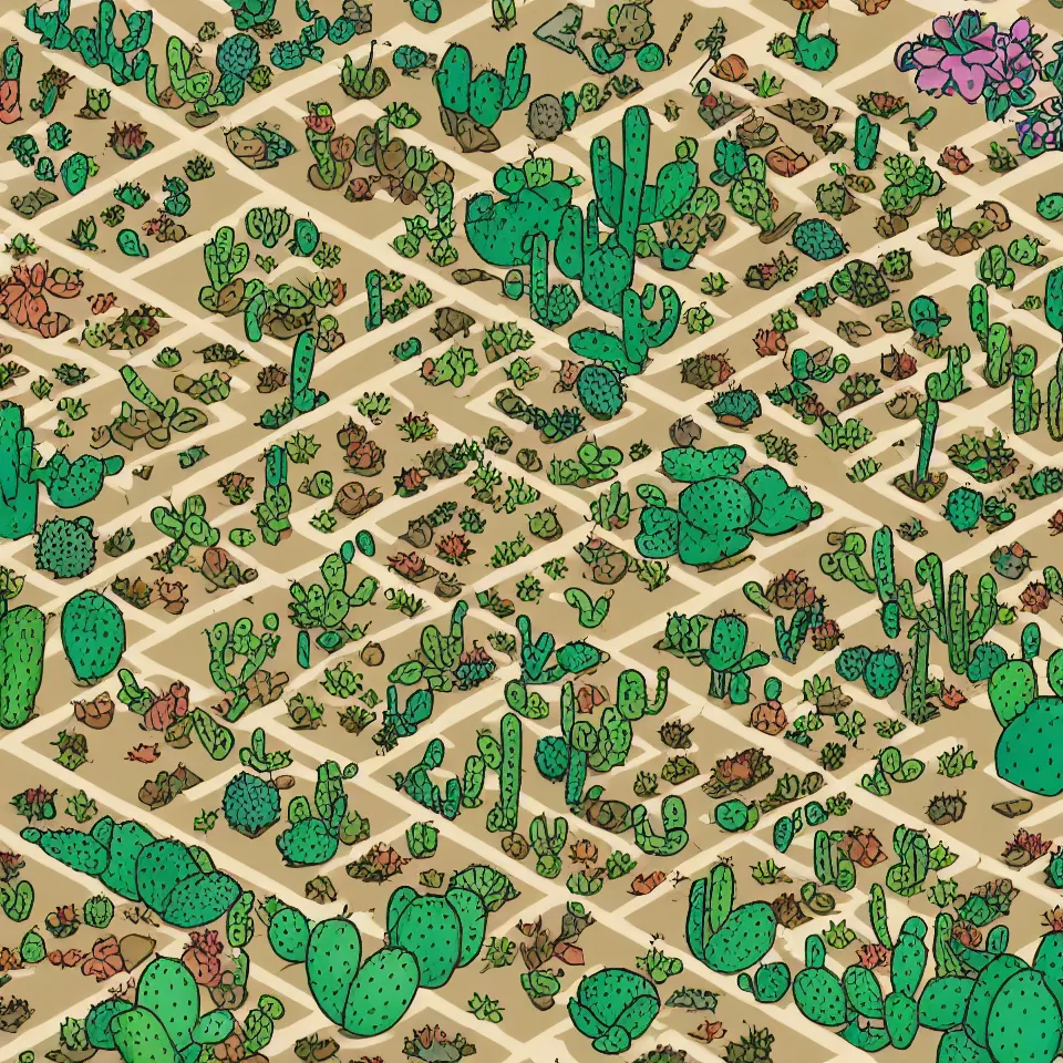 Image similar to a detailed hand drawn isometric game map of the Mojave desert with cactuses and a monster Scorpions