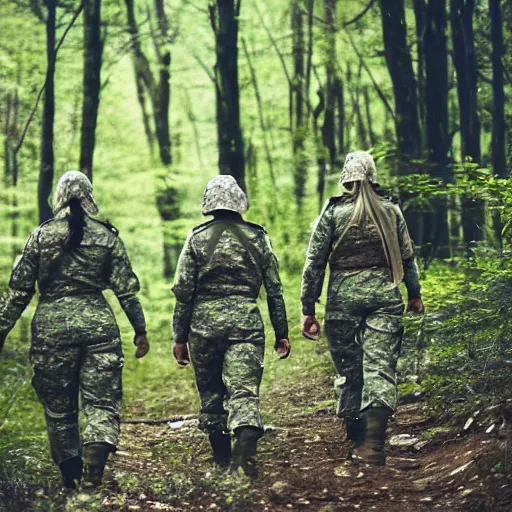 Prompt: group of female soldiers, searching through iridescent woods, makeshift camp, aerial photography, eerie, beautiful, stunning, intricate detail, cinematic, award winning photography