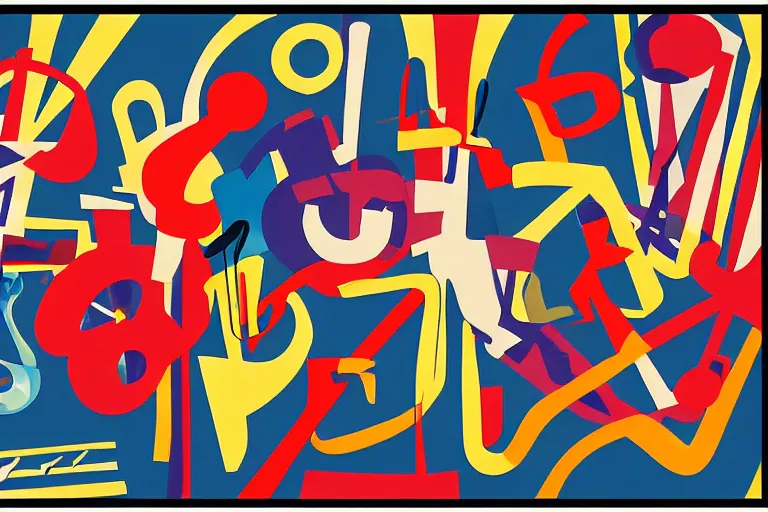 Prompt: abstract art poster of jazz musicians and musical notes in the style of Stuart Davis, matte illustration, texture,