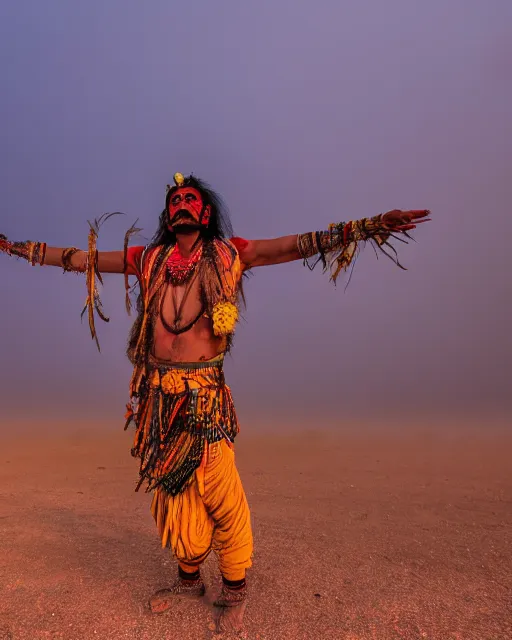 Prompt: tribal chaman dancing as vegetation and flowers grows up around him on the dry desert with cracked soil with fog, epic photography, sunset lighting , 8k