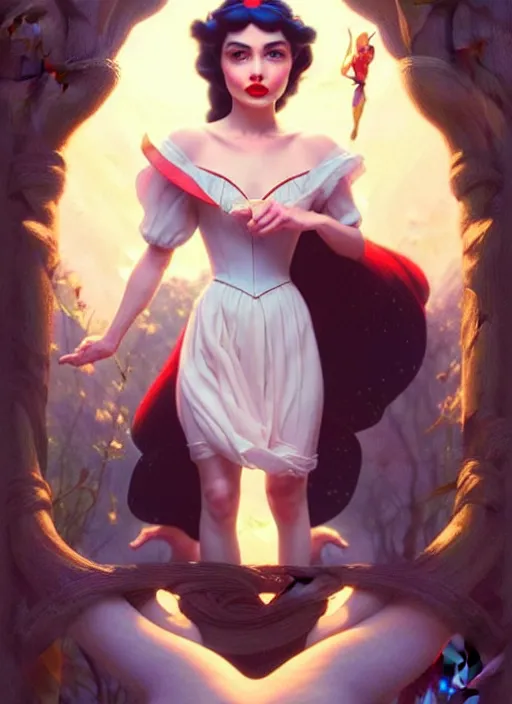 Image similar to disney snow white ( ( ana de armas ) ), dreamscape, sultry, cute, adorable, girl, masterpiece, intricate, elegant, highly detailed, my rendition, digital painting, artstation, concept art, smooth, sharp focus, illustration, art by greg rutkowski and uang guangjian and gil elvgren and sachin teng, symmetry!!