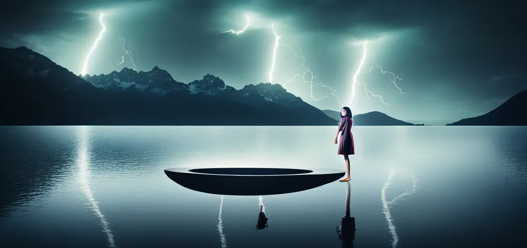 Image similar to medium closeup shot, flash photography of a woman floating in the lake, mountains, dark sky and night lightning, by ren hang, long exposure, octane render, unreal engine, high details