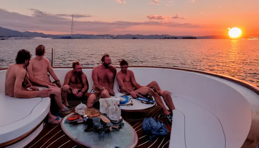 Prompt: several hobo bums party hard on the luxury super yacht, sunset light, expensive materials, symmetrical, cinematic, elegant, luxury, real photography, 4 k, ultra hd, luxury journal cover