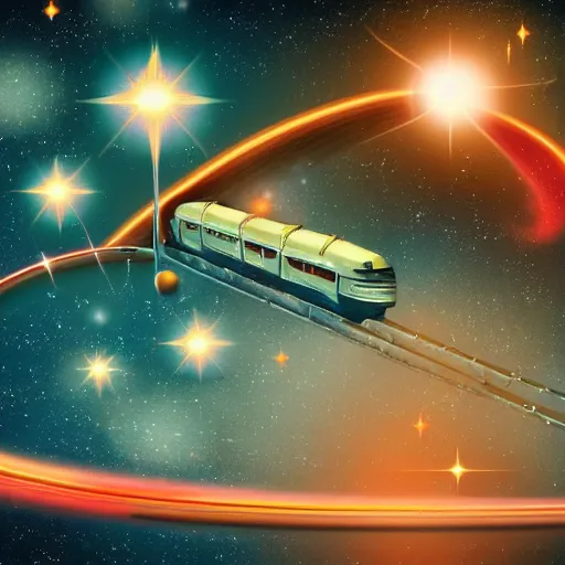 Image similar to a retro sci fi wallpaper of a train flying through space, train centered in the picture, space and stars only