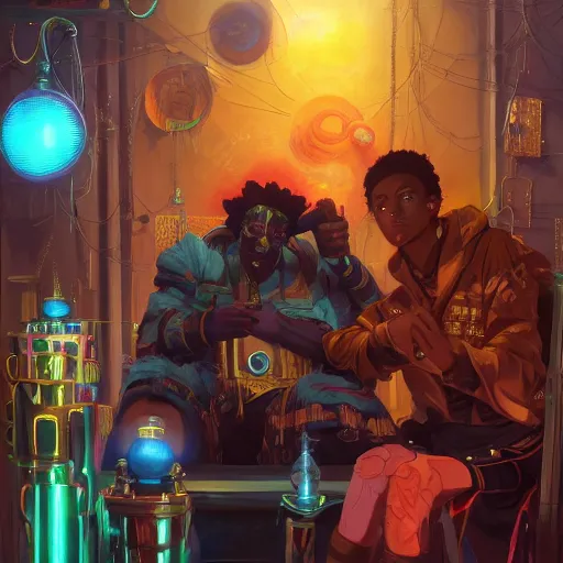 Prompt: afro - cyberpunk deities and their creations, gods and men, manifesting dreams with ancestral magic in a modern world | hyperrealistic oil painting | by makoto shinkai, ilya kuvshinov, lois van baarle, rossdraws, basquiat | afrofuturism, in the style of hearthstone, trending on artstation | dark color scheme