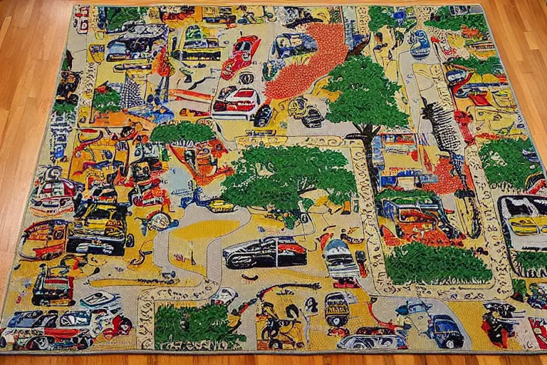 Image similar to an elaborate kids road map carpet rug, detailed, made of penned illustrations, by wes anderson and geoff darrow!!!!!