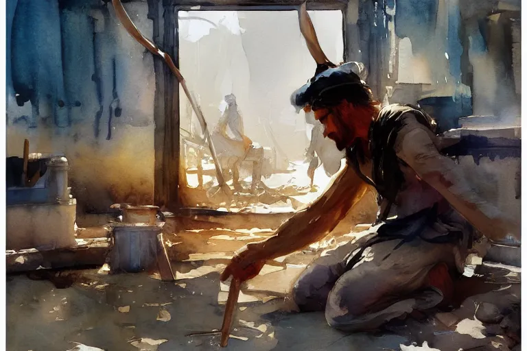 Prompt: small centered on watercolor paper, paint brush strokes, abstract watercolor painting of ancient egyptian worker break, cinematic light, national romanticism by hans dahl, by jesper ejsing, by anders zorn, by greg rutkowski, by greg manchess, by tyler edlin