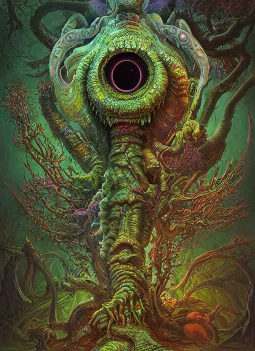 Image similar to lsd hippie poster art lovecraft horror machine glowing reptile eyes, plants and trees, elegant, highly detailed, centered, digital painting, artstation, concept art, smooth, sharp focus, illustration, artgerm, tomasz alen kopera, peter mohrbacher, donato giancola, joseph christian leyendecker, wlop, frank frazetta