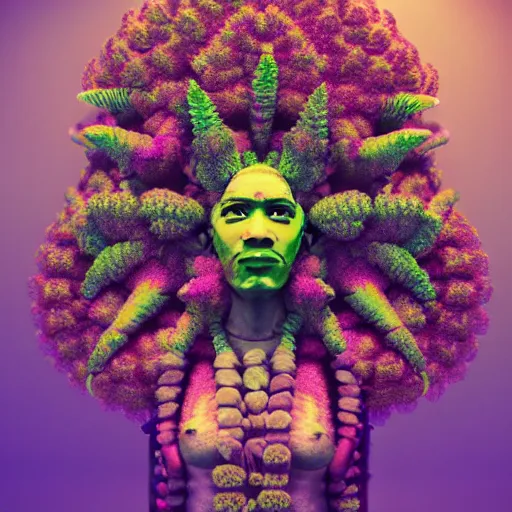 Image similar to an african marijuanna! shaman with an afro made of flowers, third eye art art by machina infinitum, complexity from simplicity, rendered in octane, mandelbulb 3 d, ambient occlusion, radiant lighting, macro photography, felt!!! texture, tribal, pastel! retrowave