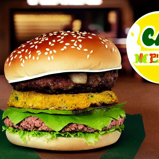 Image similar to photo ad presenting the all new caterpie burger from McDonald's made with real caterpies