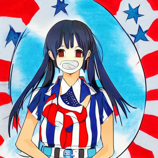 Image similar to a woman in a blue shirt with a american flag on her face, an anime drawing by ei - q, featured on pixiv, superflat, flat colors, commission for, anime