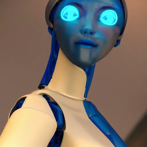 Prompt: womanized humanoid robot made of steel, beautiful face!!, short blue hair!!!, big breasts!, anatomically correct, futuristic, glowing details!, bumped materials, symmetrical!, unreal engine 5, ray tracing, natural shaders, vfx, 8 k, uhd, ultrarealistic, clear, sharp, highly detailed