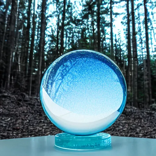 Prompt: abstract glass sculpture of a galaxy hovering above a clear blue lake in a clearing in the middle of an evergreen forest at dawn