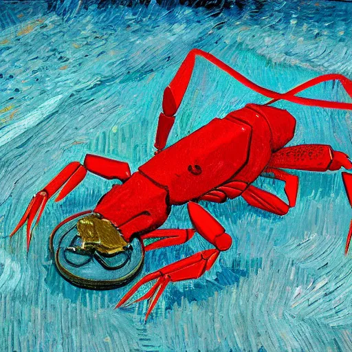 Image similar to red robotic crayfish cut the gold medal's ribbon from human neck by hand, 4 k, oil painting, van gogh