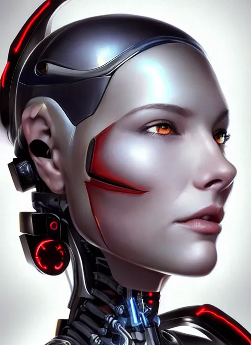 Image similar to portrait of a cyborg woman who turns her head to the ((((((right))))) left+3 (((((up))))) (((((down))))) by Artgerm,eyes closed , biomechanical, hyper detailled, trending on artstation