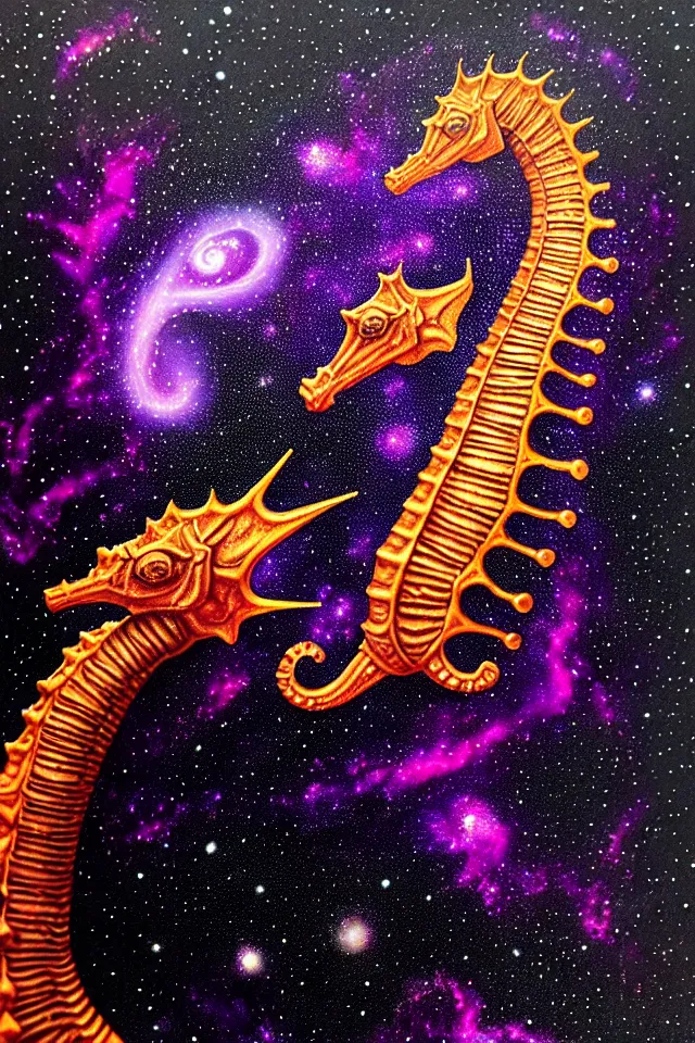 Image similar to a close up portrait of a purple ornate seahorse head statue, orange eyes, black paper, galaxy, nebula, billions of details, beautiful intricate painting by kokaris