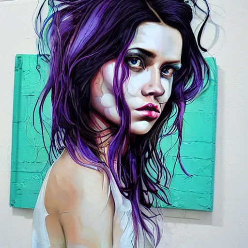 Prompt: very very cute portrait of beautiful woman with long purple hair by Sandra Chevrier