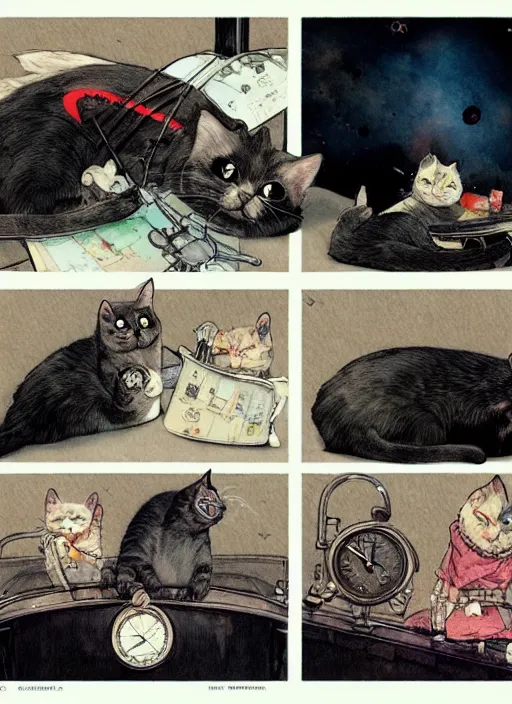 Image similar to a hyper realistic ink cat in a spaaceship 6 panel comic by chiara bautista and norman rockwell and greg rutkowski weta studio, and lucasfilm