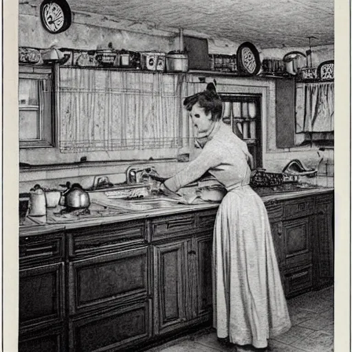 Prompt: housewife in 1 9 5 0 s kitchen by gustave dore