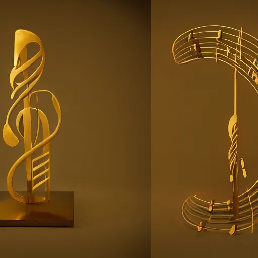 Image similar to a sculpture in bronze depicting music notation, 8 k, unreal engine, cinematic light, art installation,