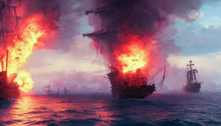 Image similar to A highly detailed matte painting of huge pirate ship battle on the ocean, big fire smokes and big explosions by Studio Ghibli, Makoto Shinkai, by Artgerm, by beeple, by Greg Rutkowski, volumetric lighting, octane render, 4K resolution, trending on artstation, masterpiece