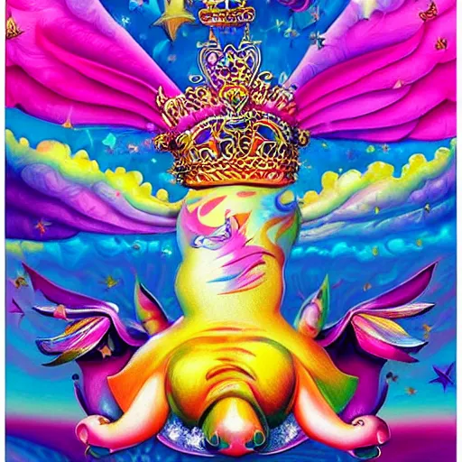 Image similar to lisa frank flying pigs wearing a gold crown painting by android jones