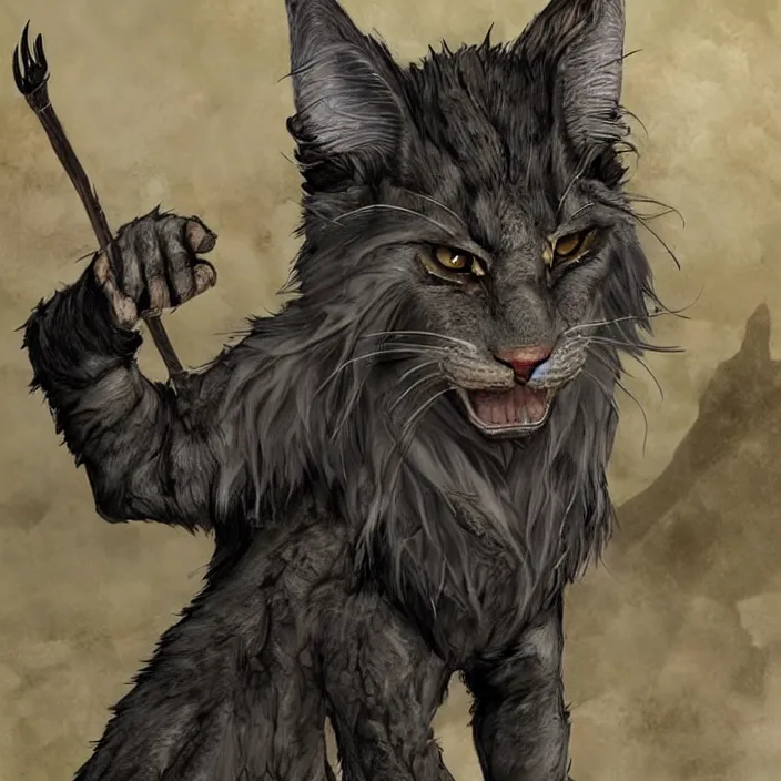 Image similar to khajit tabaxi catfolk humanoid with maine coon features black fur with a scar on the left eye and holding two shortswords cloaked in shadow and wearing hooded leather armor agile, dungeons and dragons, fantasy, tarot card style, high detail, hyper realistic