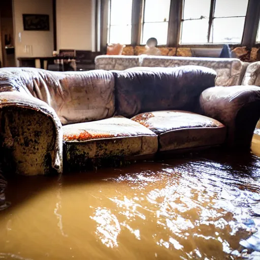 Image similar to old couches in a family room flooded with muddy water