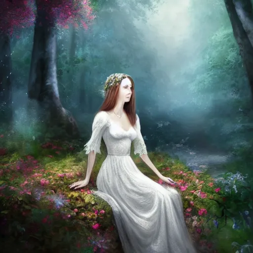 Prompt: a picture of a beautiful woman in a white lace dress and covered in flowers and leaves sitting overlooking an enchanted forest, high fantasy, elegant, epic, detailed, intricate, digital painting, concept art, realistic detailed face, smooth, focus, volumetric light through the trees,