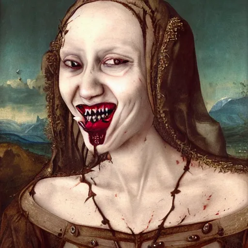 Image similar to extremely ugly pale vampire woman smiling with skin condition in expensive renaissance dress, Renaissance painting, Renaissance Port City background, vampire teeth, 1450