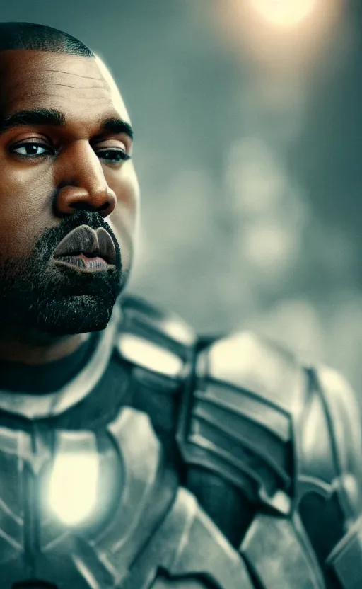 Image similar to Portrait of Kanye West as (((Captain America))) in Skyrim, splash art, movie still, cinematic lighting, dramatic, octane render, long lens, shallow depth of field, bokeh, anamorphic lens flare, 8k, hyper detailed, 35mm film grain