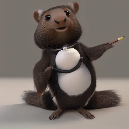 Image similar to cute anthro brown marmot in a black tuxedo while holding a pencil, pixar character, digital art, 3 d rendered in octane, blender, maya, shadows, lighting