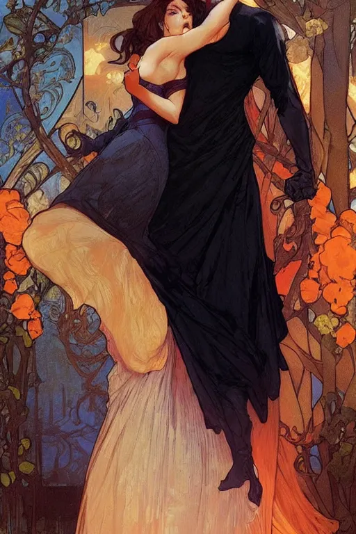 Image similar to bearded young man in orange t - shirt fastens beautiful black dress of his spouse before going to exquisite gala art by artgerm and greg rutkowski and charlie bowater and magali villeneuve and alphonse mucha