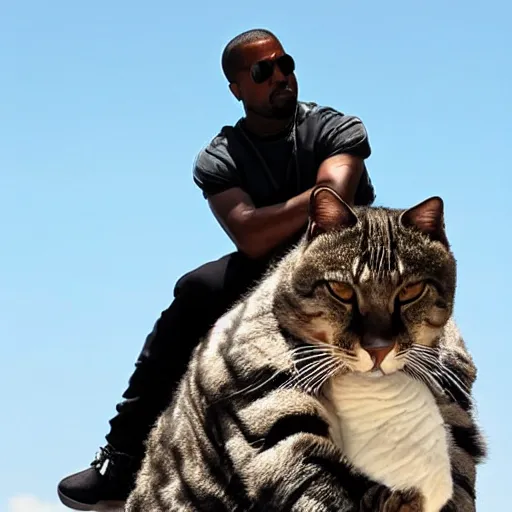 Image similar to Kanye West riding on the back of a giant cat