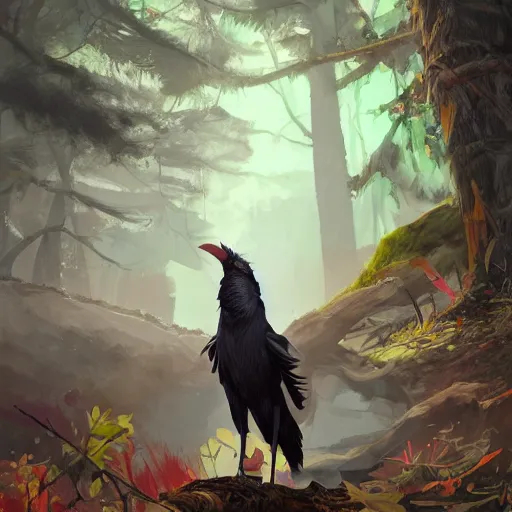 Prompt: concept art painting of an anthropomorphic humanoid crow, with steampunk clothes, in the deep forest, realistic, detailed, cel shaded, in the style of makoto shinkai and greg rutkowski and james gurney