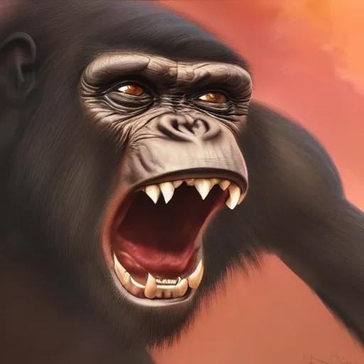 Image similar to Strong Angry Chimpanzee Screaming, Boris Vallejo, Epic, 8k resolution, ArtStation, Hyperrealistic