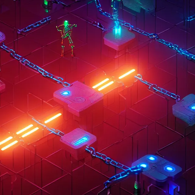 Image similar to 3 d render of glowing futuristic robot blocks tied together with chains, blockchain, symmetry, painted, intricate, volumetric lighting, beautiful, rich deep colors masterpiece, sharp focus, ultra detailed, in the style of dan mumford and marc simonetti