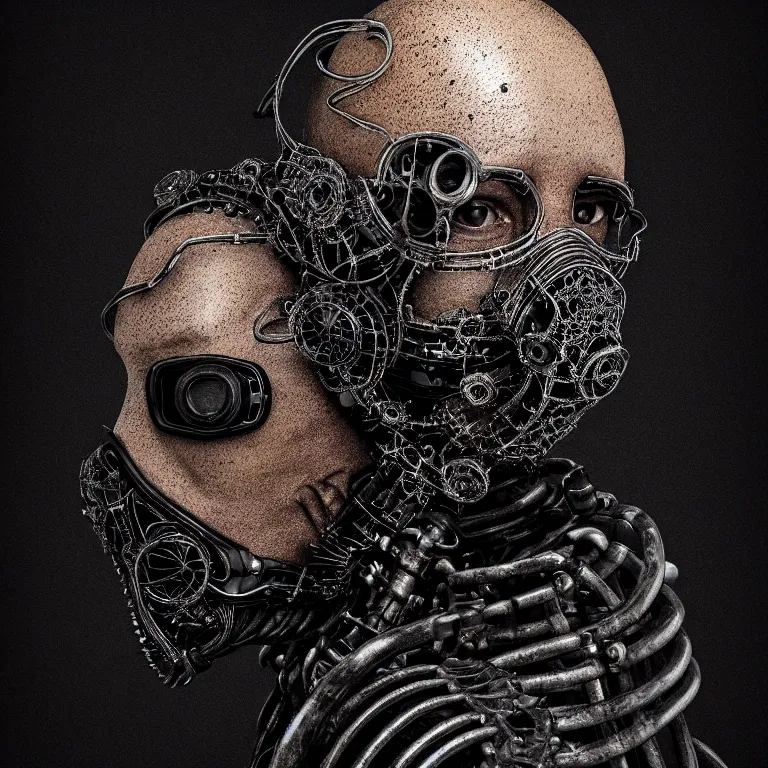 Image similar to portrait of beautiful man wearing black exoskeleton ribbed mechanical black mask covered with ribbed spinal tubes, wastelands, baroque painting, beautiful intricate insanely detailed octane render, artstation, 8 k artistic harsh flash photography, photorealistic, volumetric perfect light, chiaroscuro, beeple, annie liebovitz, raphael, caravaggio, rutkowski