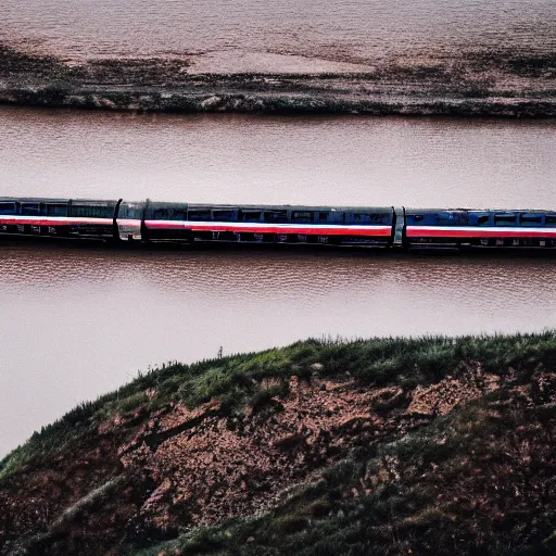 Prompt: a train passing over a wide river on a cloudy day, seen from above, ultra realistic, cinematic, dynamic light, atmosphere, europe