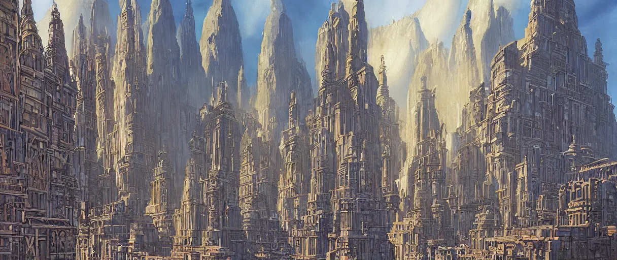 Prompt: A beautiful illustration of an ancient canal city of massive scale architecture by Robert McCall and Ralph McQuarrie | sparth:.2 | Time white:.2 | Rodney Matthews:.2 | Graphic Novel, Visual Novel, Colored Pencil, Comic Book:.3 | unreal engine:.3 | first person perspective | viewed from below | establishing shot