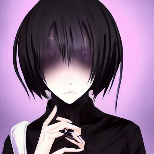 Image similar to 1 7 - year - old goth girl, black hair, long bob cut, long bangs, gothic coat, dark hallways, soft lighting, glowing keypads, secret society, roman pillars, strong lighting, strong shadows, vivid hues, ultra - realistic, sharp details, subsurface scattering, intricate details, hd anime, 2 0 1 9 anime