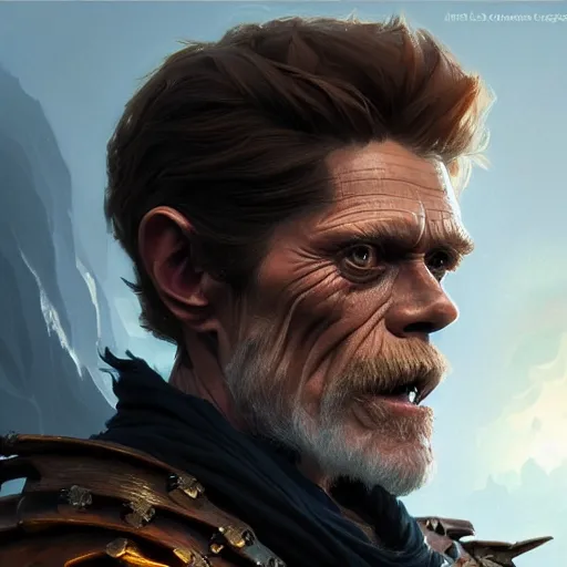 Image similar to Willem Dafoe, closeup, D&D, fantasy, intricate, elegant, highly detailed, digital painting, artstation, concept art, matte, sharp focus, illustration, hearthstone, art by Artgerm and Greg Rutkowski and Alphonse Mucha