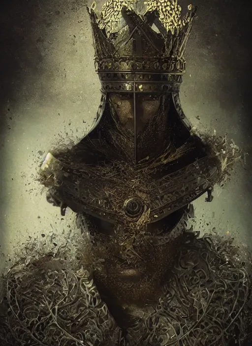 Prompt: portrait of a scared king arthur knight, kintsugi, modern fine art, fractal, intricate, elegant, highly detailed, digital photography, subsurface scattering, by jheronimus bosch and frank miller and greg rutkowski,