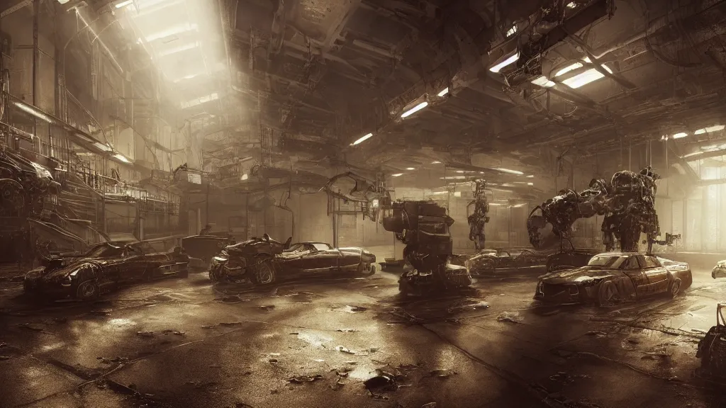 Image similar to a photorealistic dramatic hyperrealistic life in a cyborg factory, ultra realistic details, glossy surface, well worn, rust, oil stains designed by vitaly bulgarov and mike nash, beautiful dramatic dark moody tones and lighting, cinematic atmosphere, global illumination, shadows, dark background, octane render, 8 k