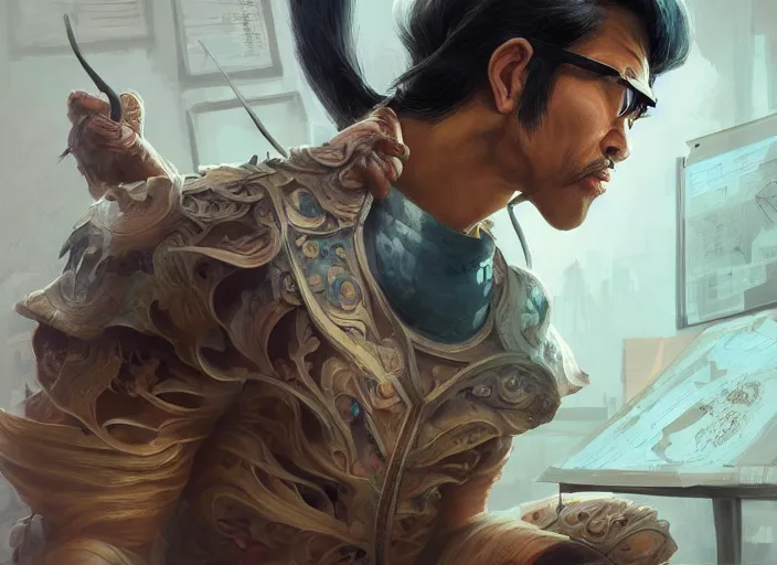 Image similar to an insanely detailed painting of an asian man wearing a homemade superhero costume, realistic face, sitting at a desk, staring seriously at the computer and typing, in the style of peter mohrbacher, james jean, artgerm, dramatic lighting and composition, surreal background, octane render, pixar, trending on artstation, concept art, comic book, 8 k