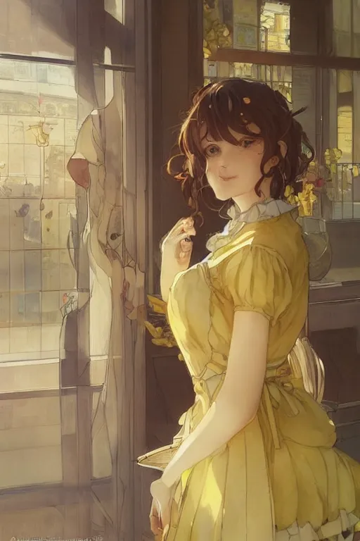 Image similar to A girl in a maid's outfit in a cafe a afternoon, wavy hair yellow theme,S line,45 angel by krenz cushart and mucha and akihito yoshida and greg rutkowski