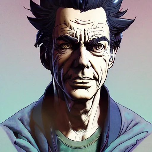 Image similar to 9 5 5 5 rick sanchez portrait by and james jean and katsuhiro otomo and erik jones, inspired by ghost in the shell anime, fine face features, intricate high details, sharp, ultradetailed, 3 d octane render